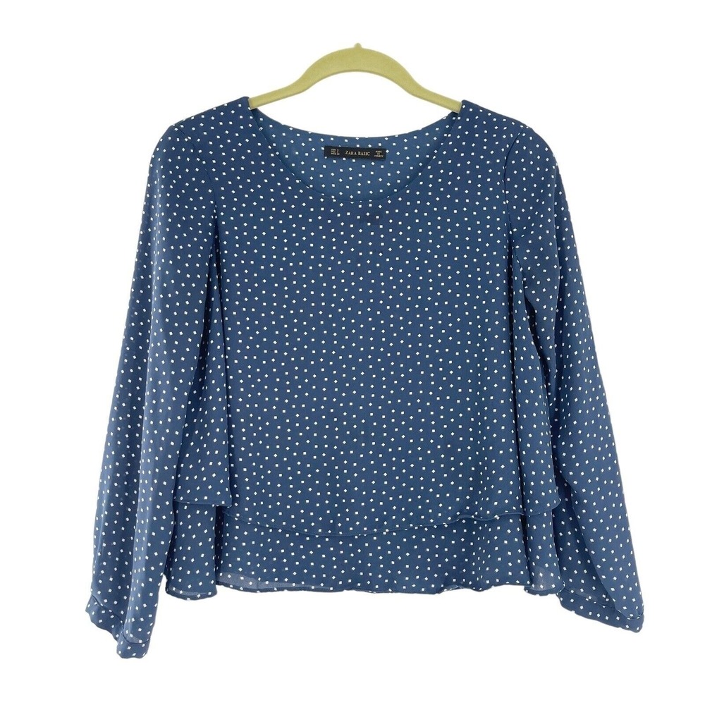 Zara Basic Blue White Polka Dot Small Long‎ Sleeve Blouse Preppy Tiered Peplum